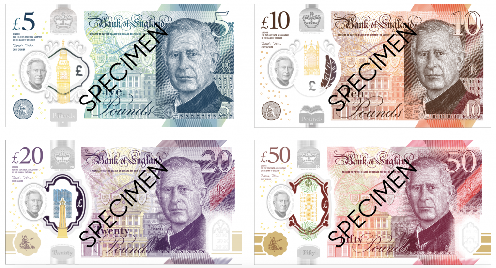 Specimens of British Banknotes Featuring King Charles III