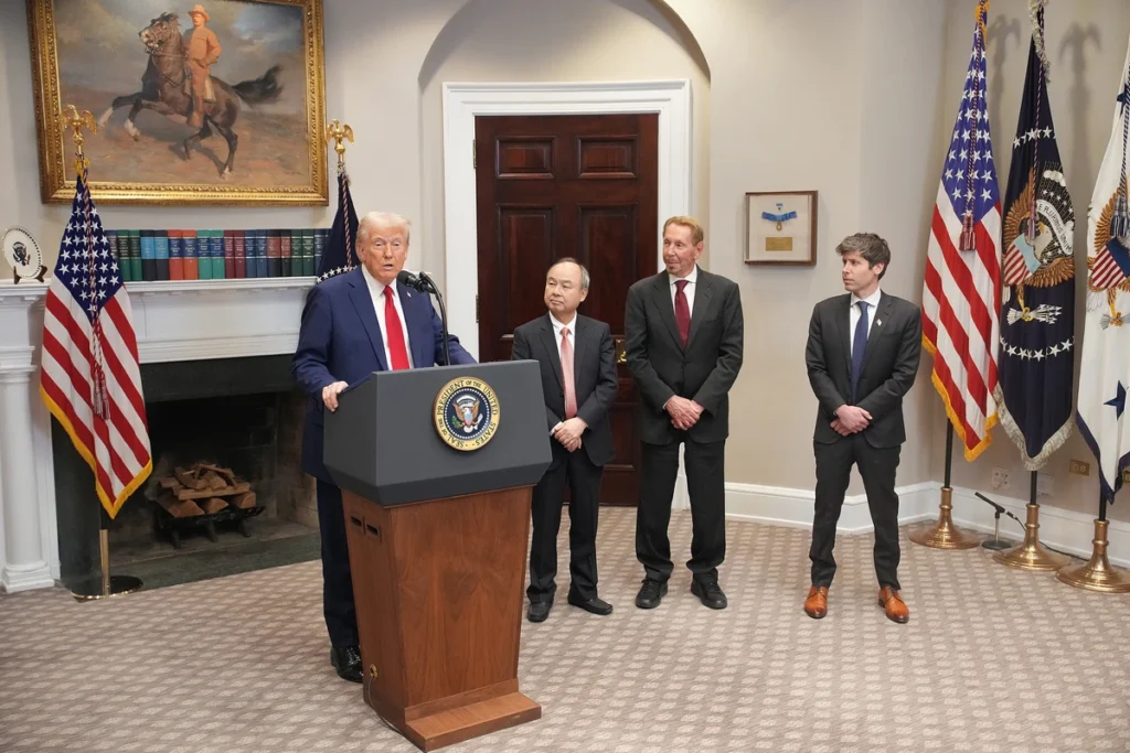 President Donald Trump Softbank CEO Masayoshi Son Oracle CTO Larry Ellison OpenAI CEO Sam Altman